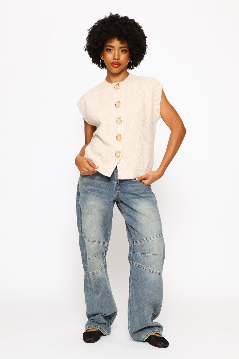 Sleeveless Round Neck Cardigan - Beige