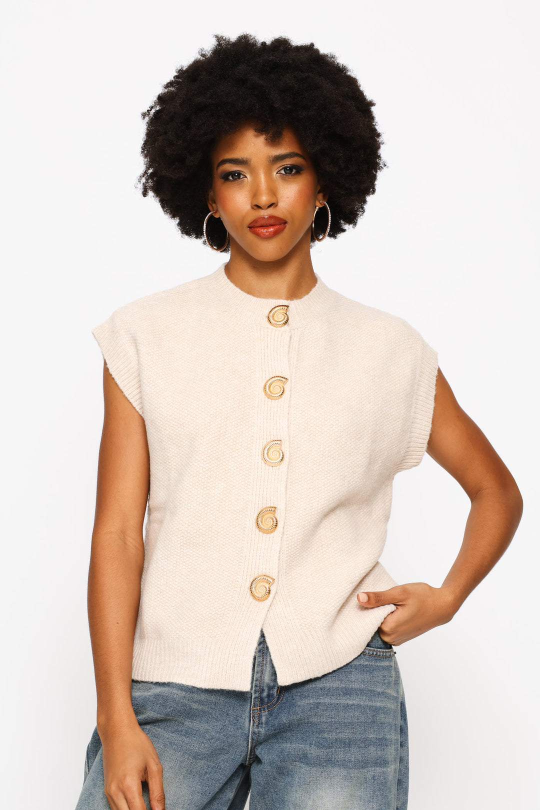 Sleeveless Round Neck Cardigan - Beige