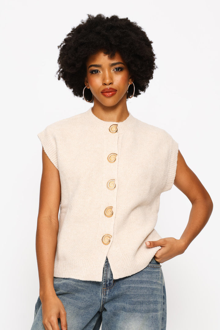 Sleeveless Round Neck Cardigan - Beige