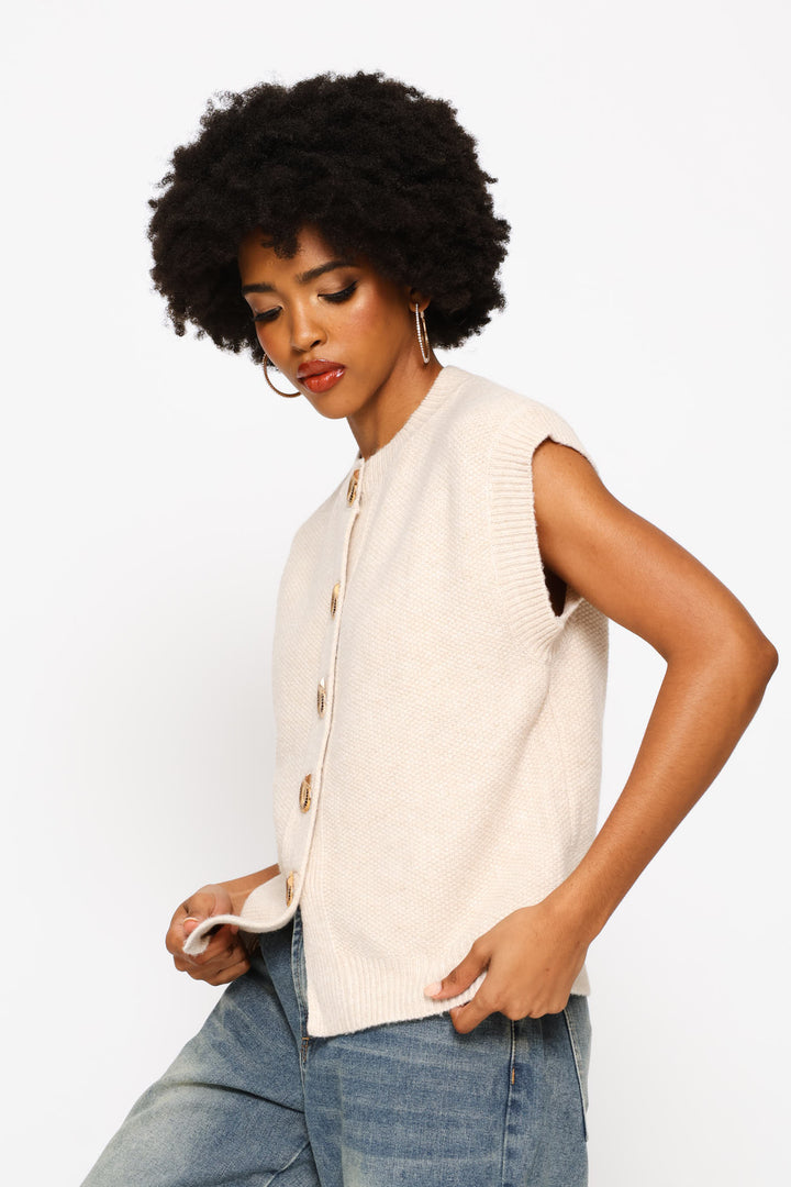 Sleeveless Round Neck Cardigan - Beige