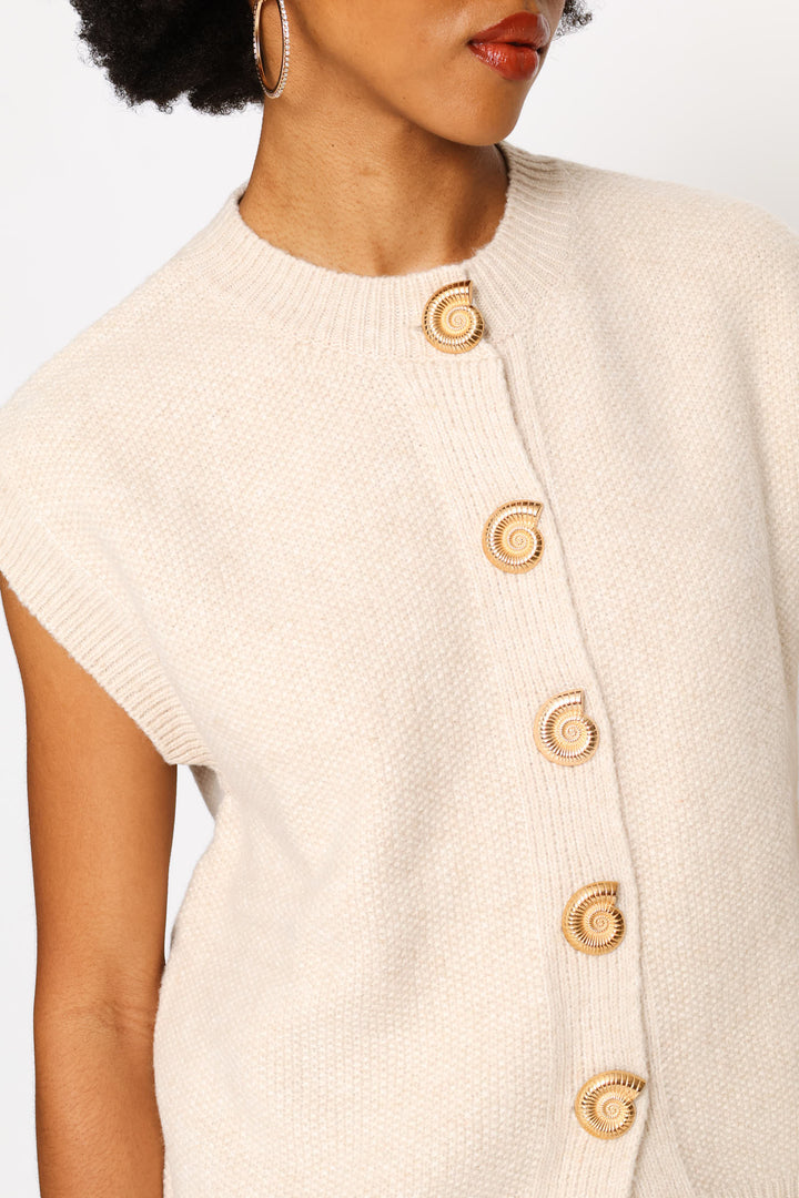Sleeveless Round Neck Cardigan - Beige