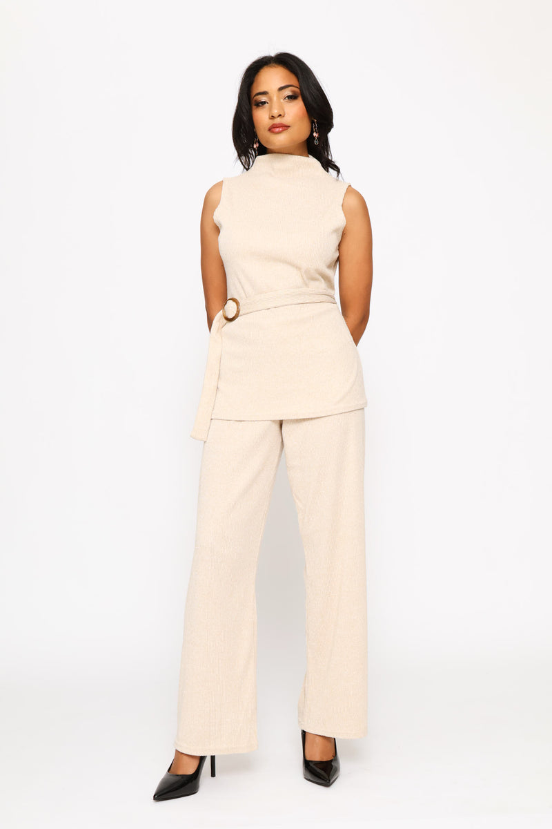 Pull On Cut & Sew Ribbed Wide Leg Pant - Oatmeal Melange
