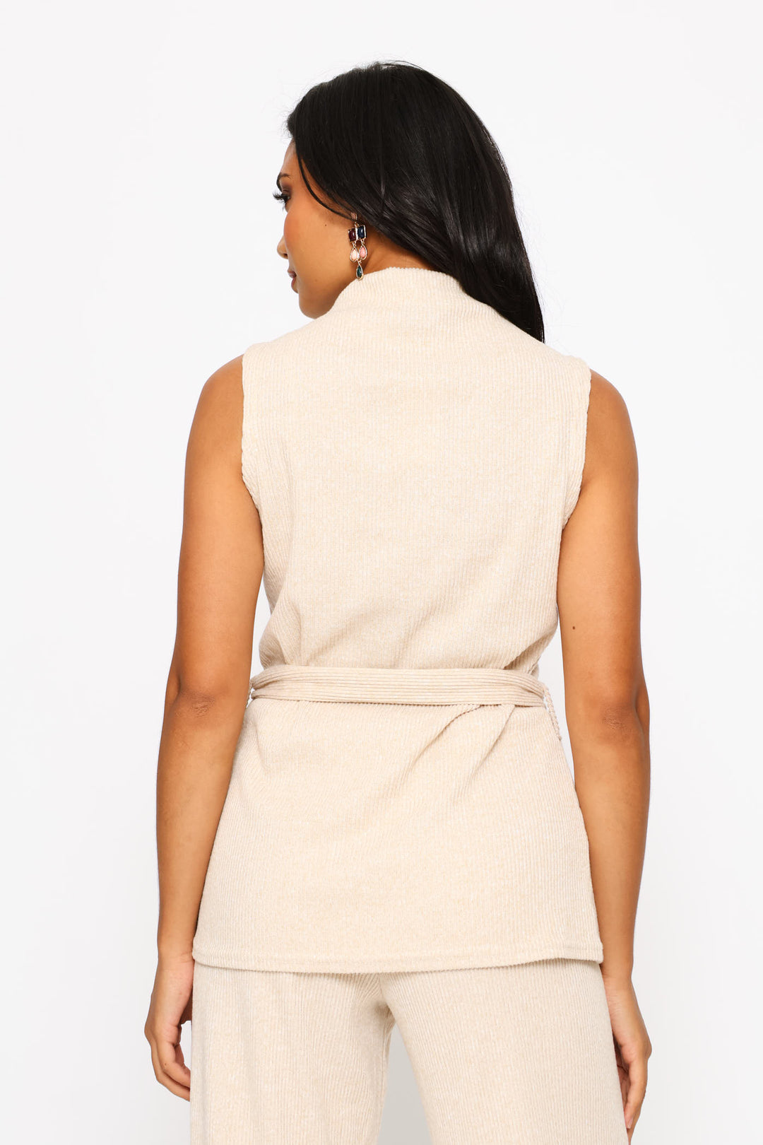 Hi-Neck Belted Ribbed Tank - Oatmeal Melange