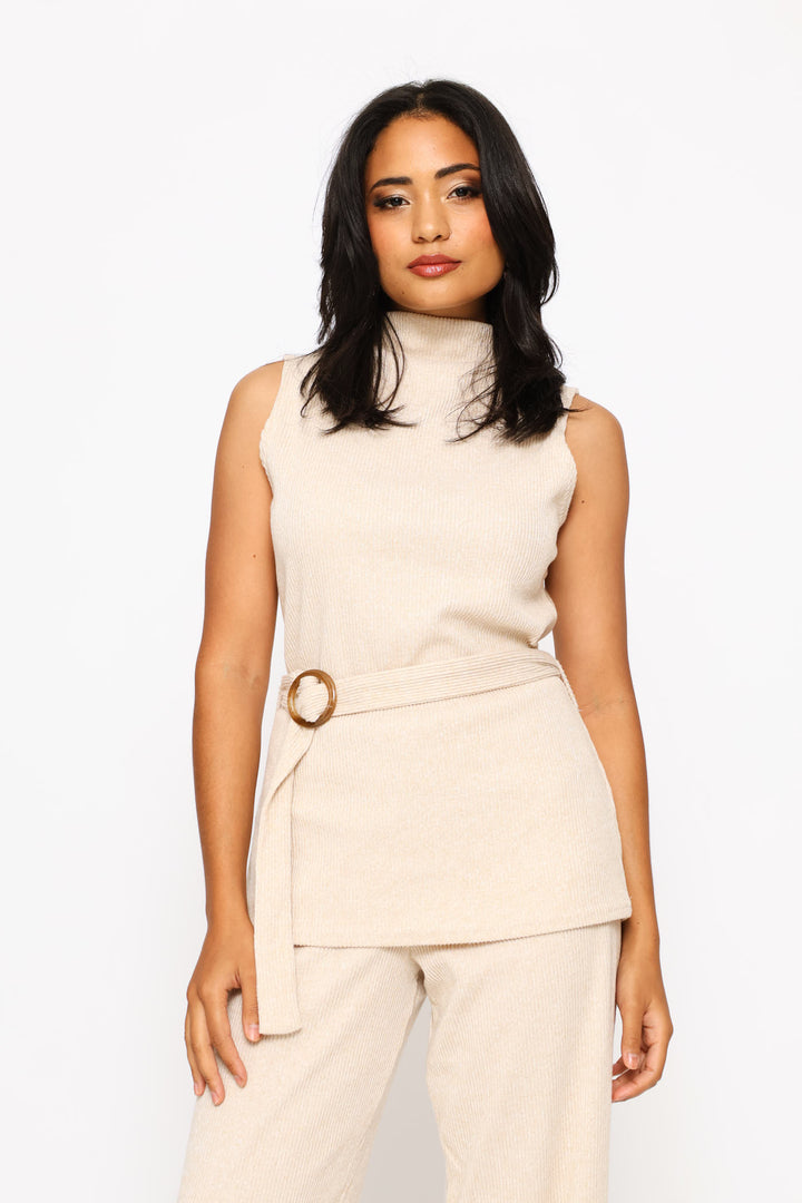 Hi-Neck Belted Ribbed Tank - Oatmeal Melange