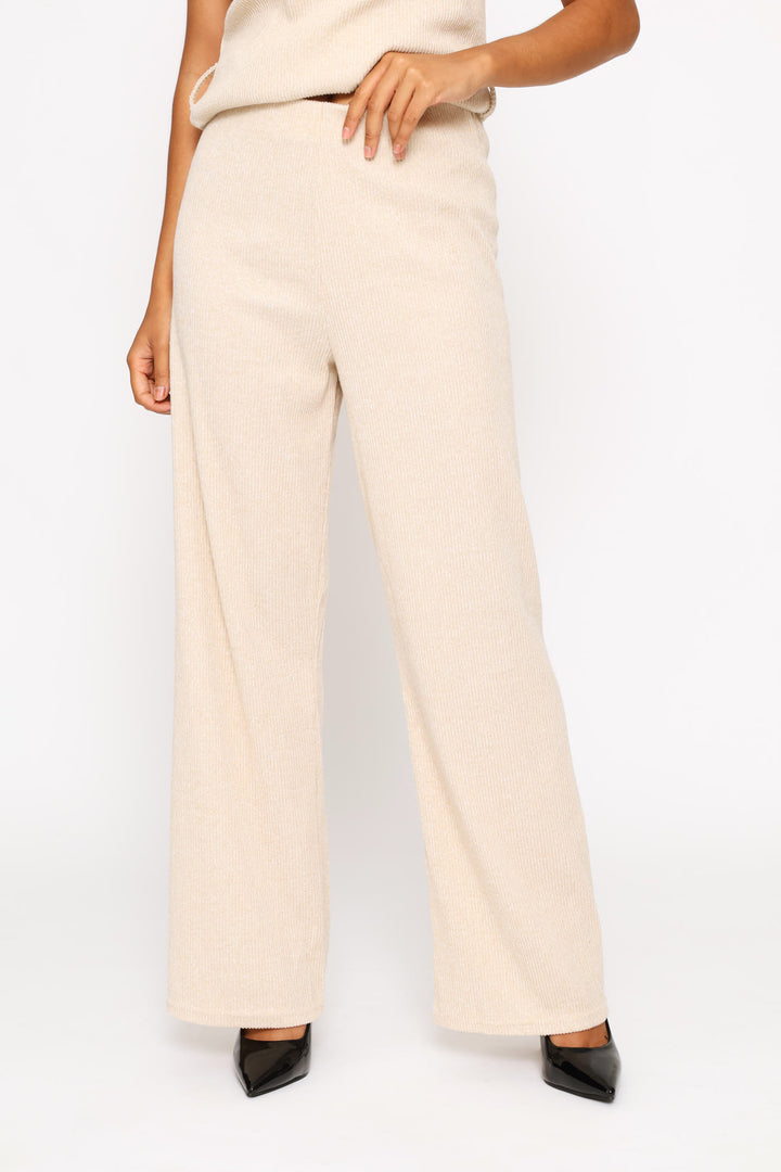 Pull On Cut & Sew Ribbed Wide Leg Pant - Oatmeal Melange