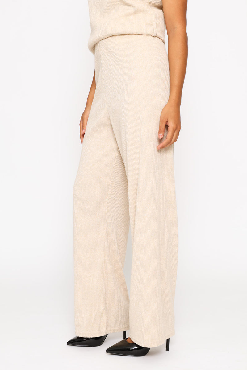 Pull On Cut & Sew Ribbed Wide Leg Pant - Oatmeal Melange