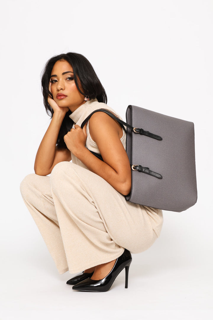Gold Buckle Textured Shopper Bag - Black