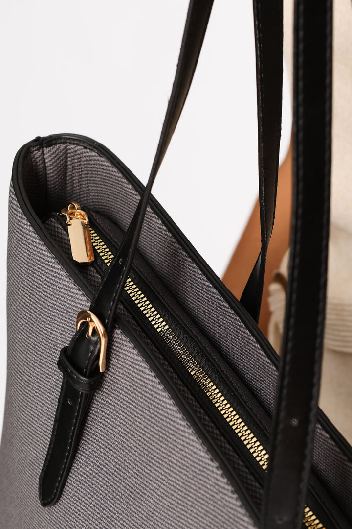 Gold Buckle Textured Shopper Bag - Black