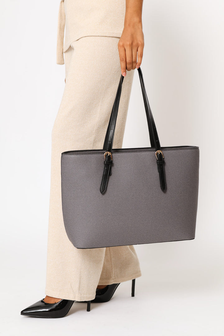 Gold Buckle Textured Shopper Bag - Black