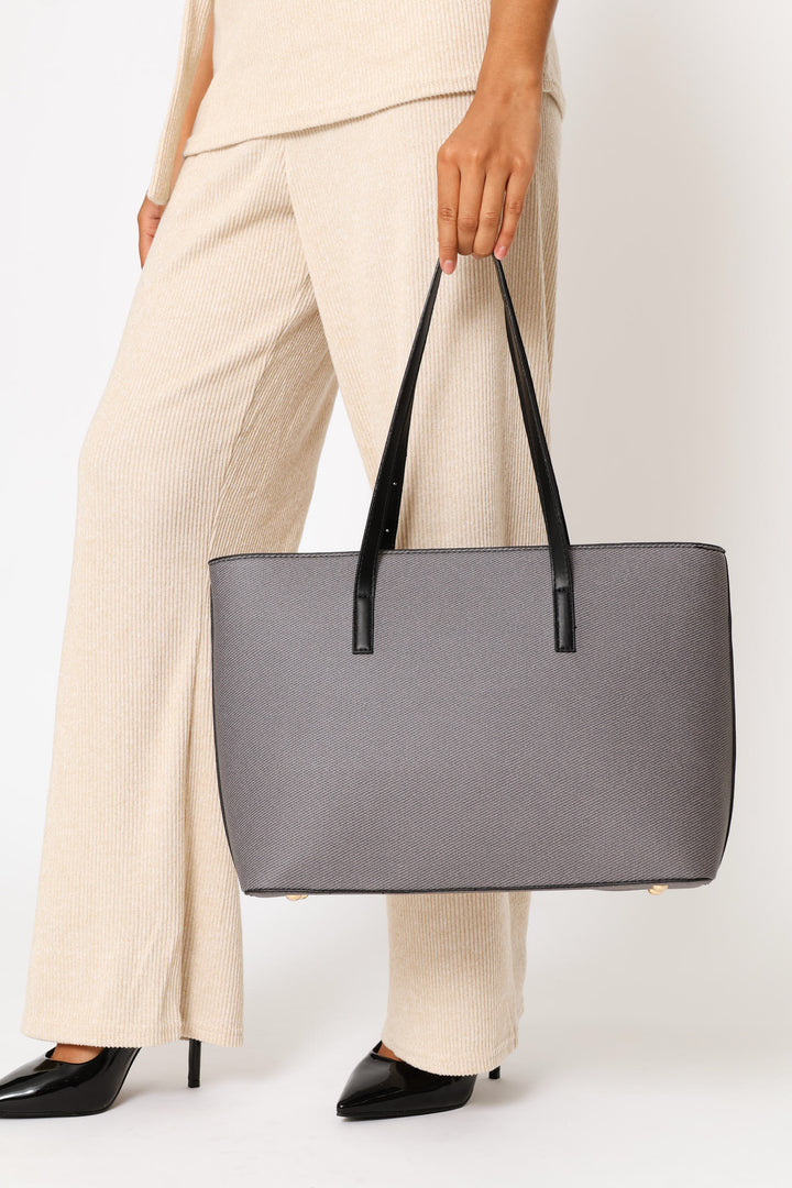 Gold Buckle Textured Shopper Bag - Black