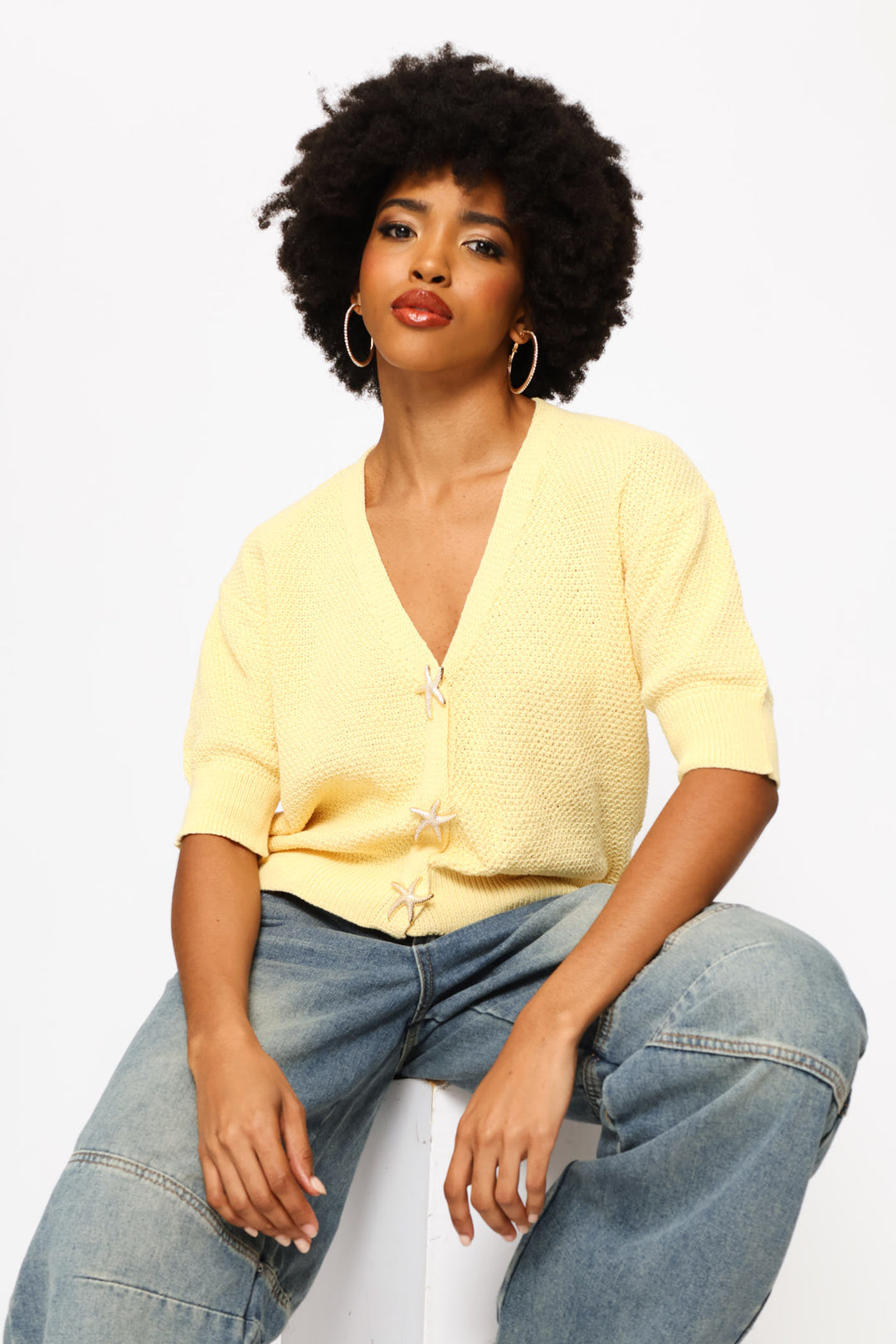 Short Sleeve V-Neck Cardigan - Yellow