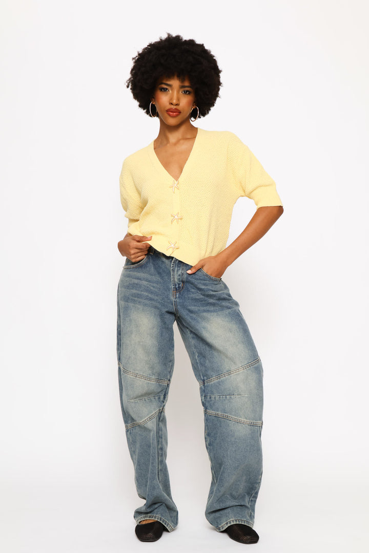 Short Sleeve V-Neck Cardigan - Yellow