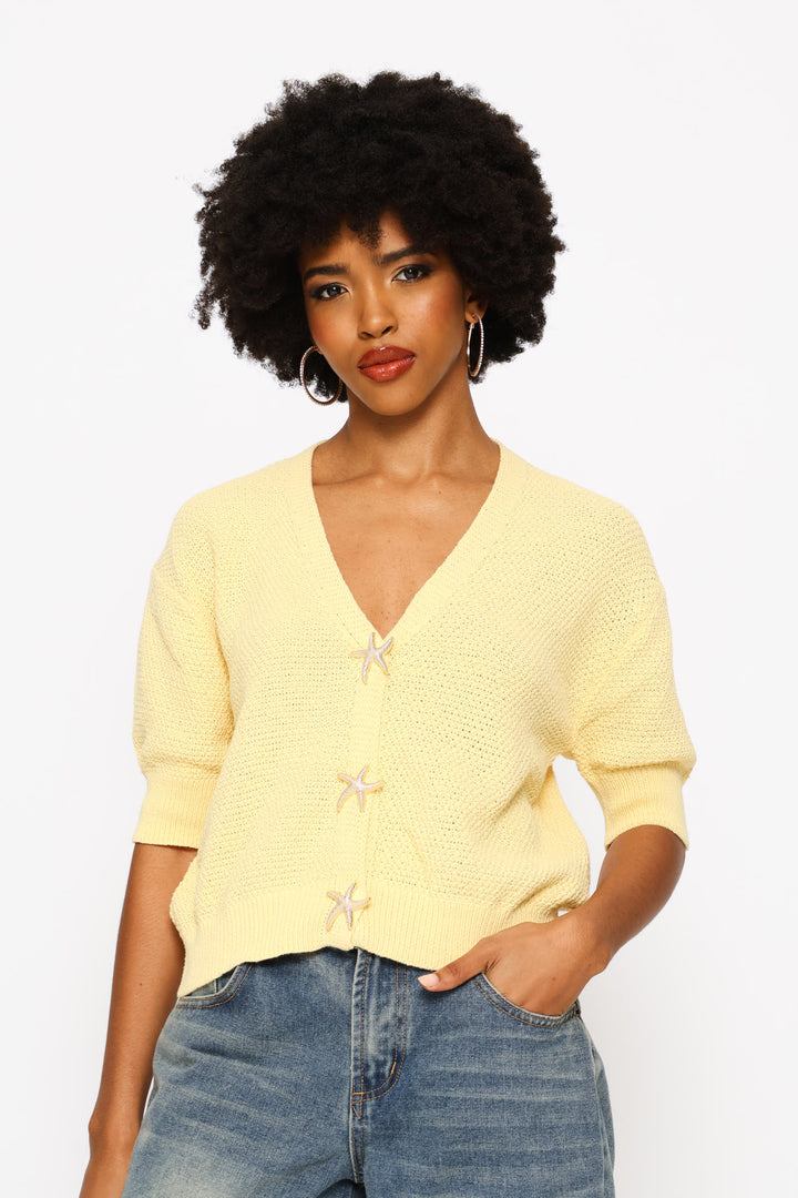 Short Sleeve V-Neck Cardigan - Yellow