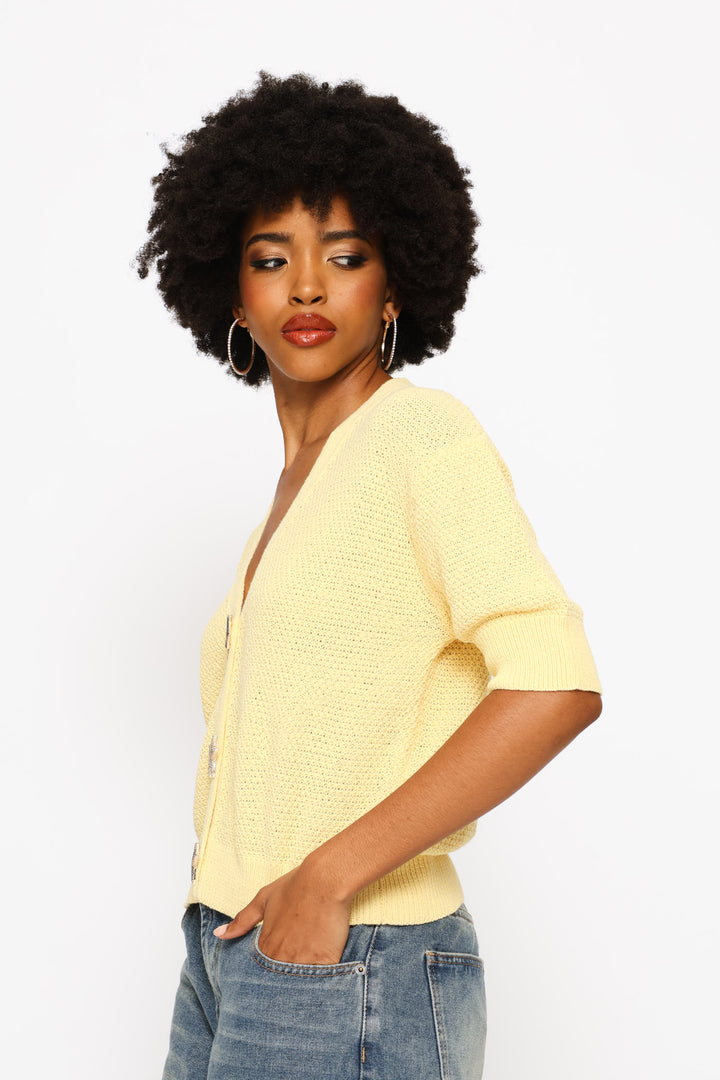 Short Sleeve V-Neck Cardigan - Yellow