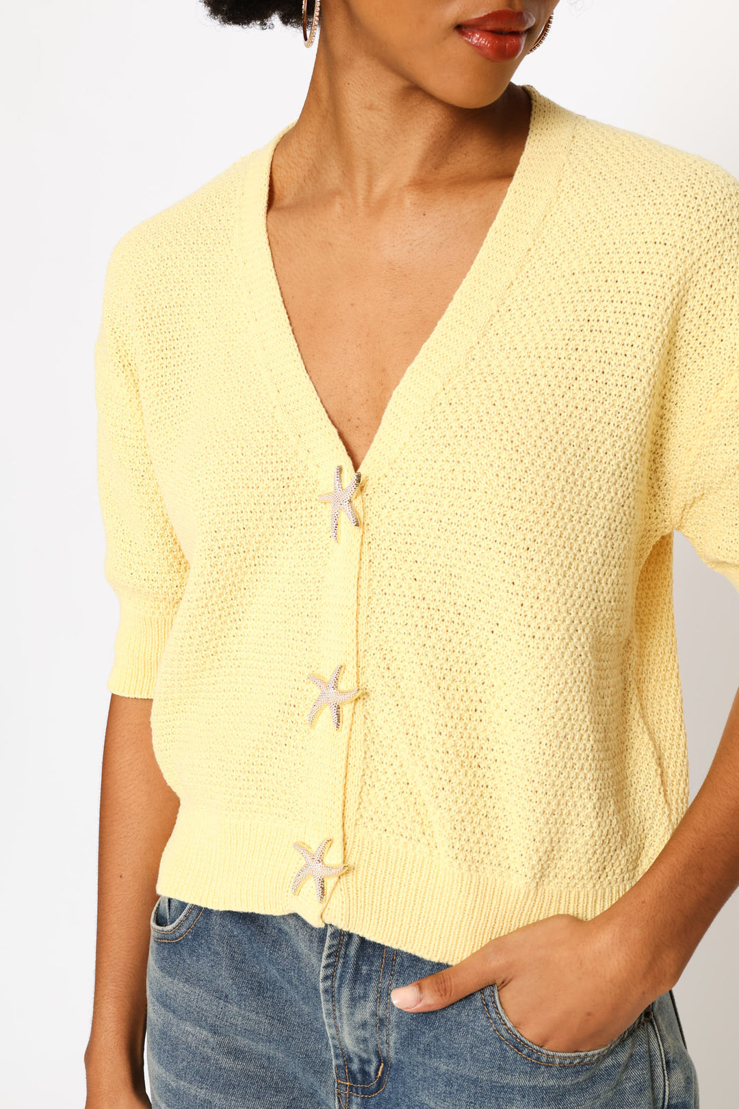 Short Sleeve V-Neck Cardigan - Yellow