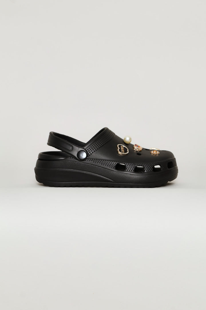 Girls Gold Embellished Clog - Black