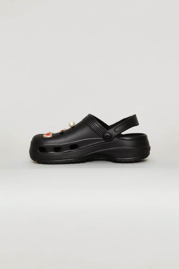 Girls Gold Embellished Clog - Black