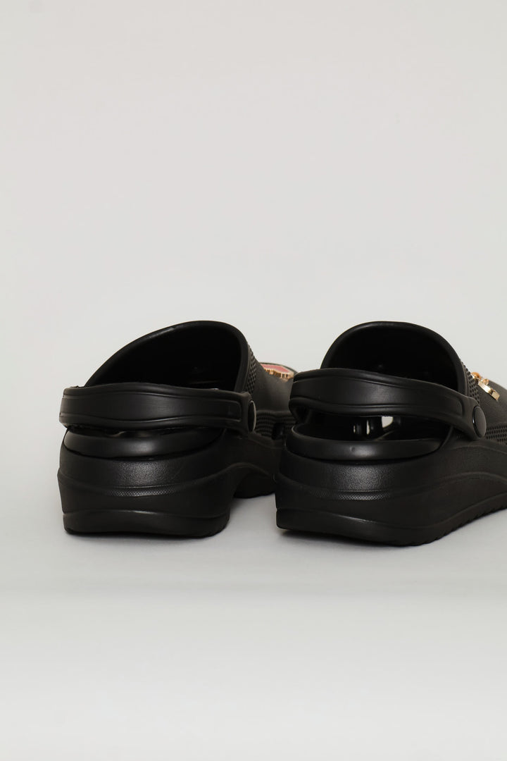 Girls Gold Embellished Clog - Black