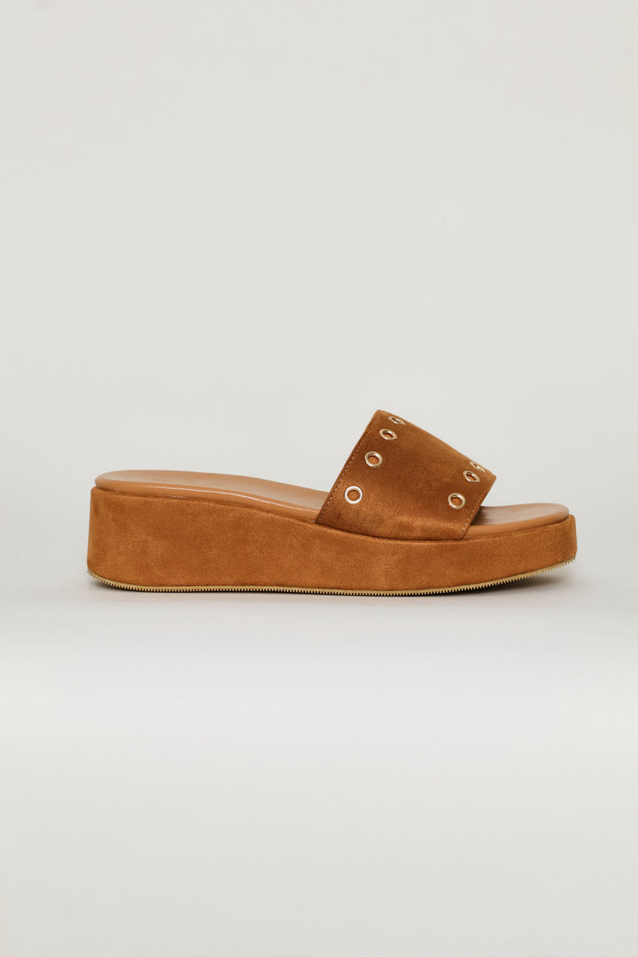 Single Band Eyelet Detail Platform Sandal - Tan
