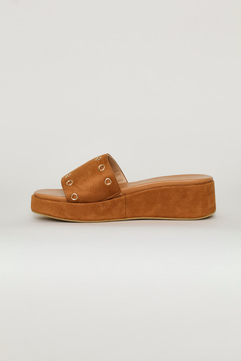 Single Band Eyelet Detail Platform Sandal - Tan