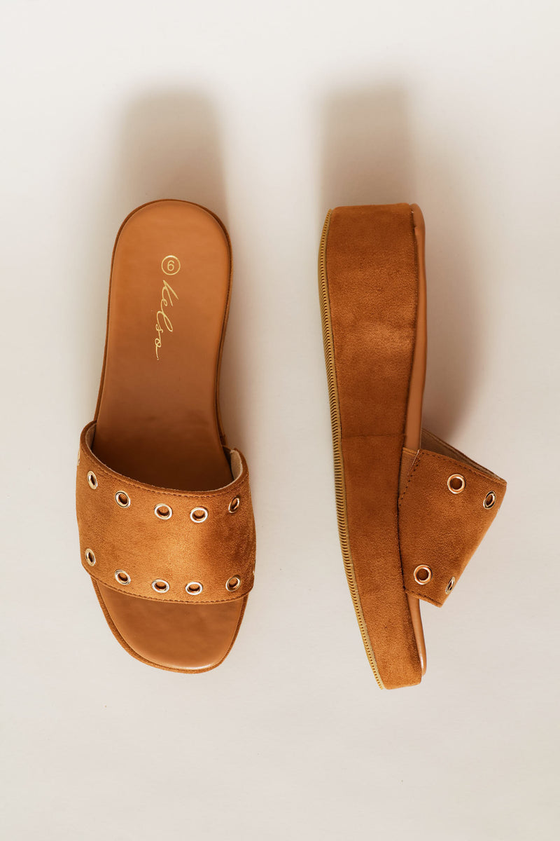 Single Band Eyelet Detail Platform Sandal - Tan