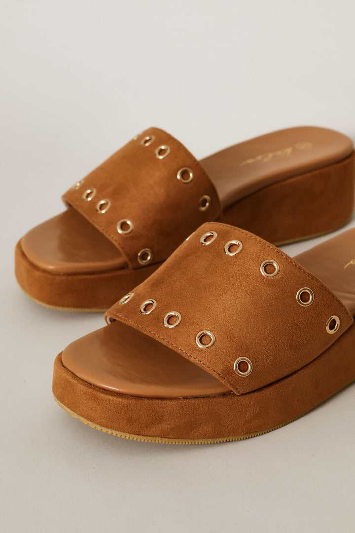 Single Band Eyelet Detail Platform Sandal - Tan