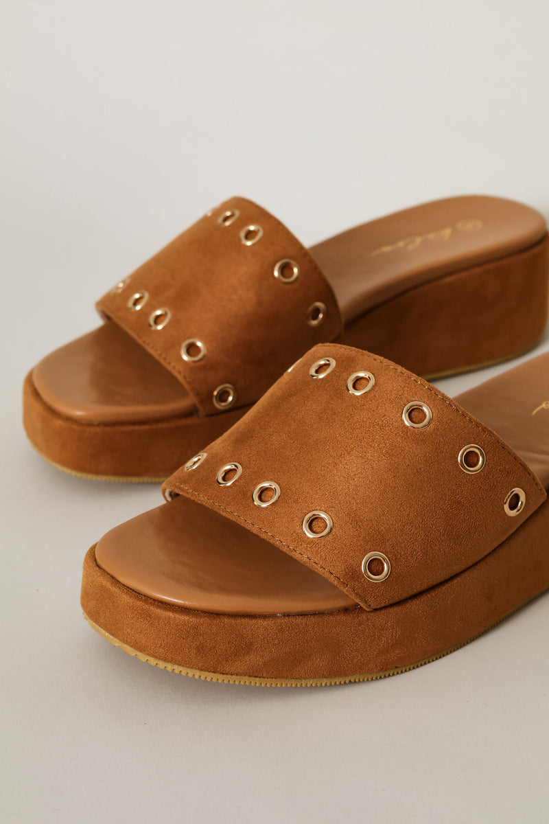 Single Band Eyelet Detail Platform Sandal - Tan