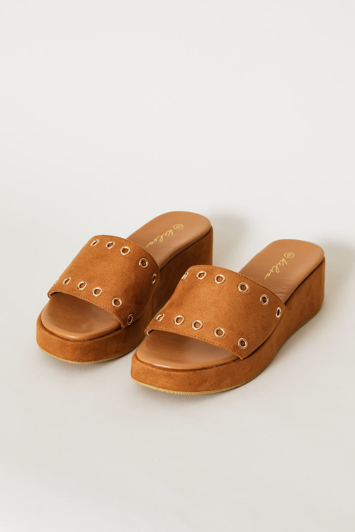 Single Band Eyelet Detail Platform Sandal - Tan