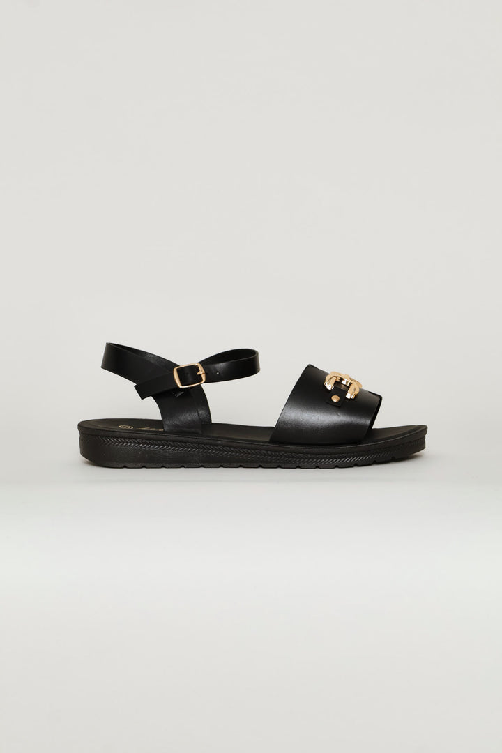Ankle Strap Metal Trim Comfort Sandal - Black