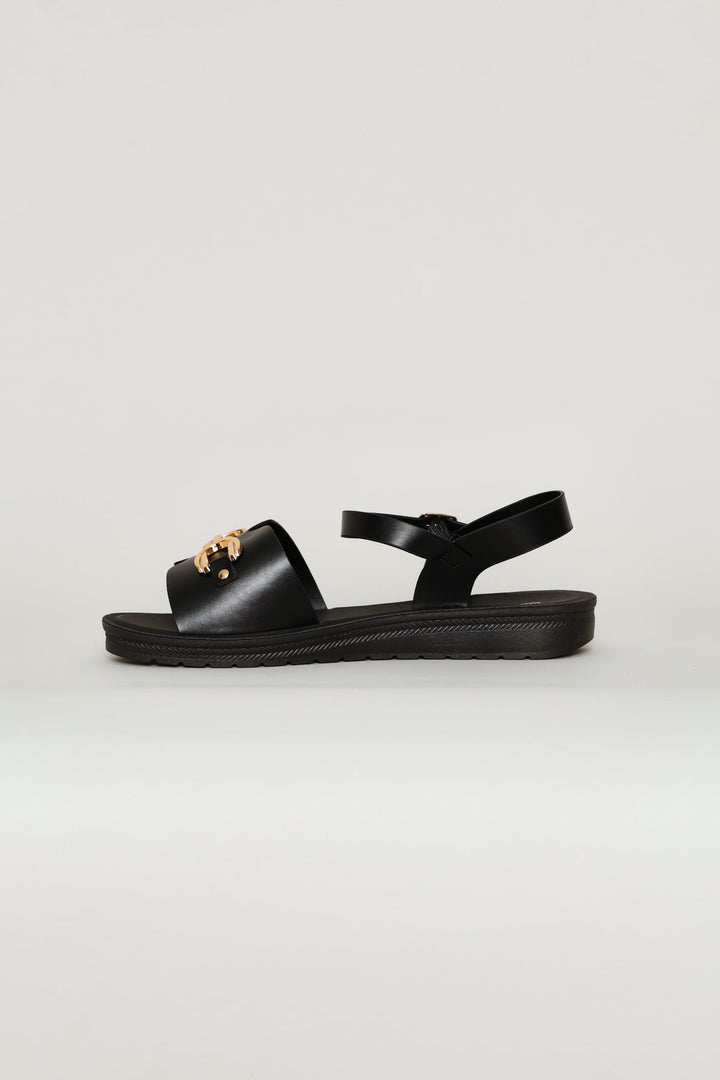 Ankle Strap Metal Trim Comfort Sandal - Black