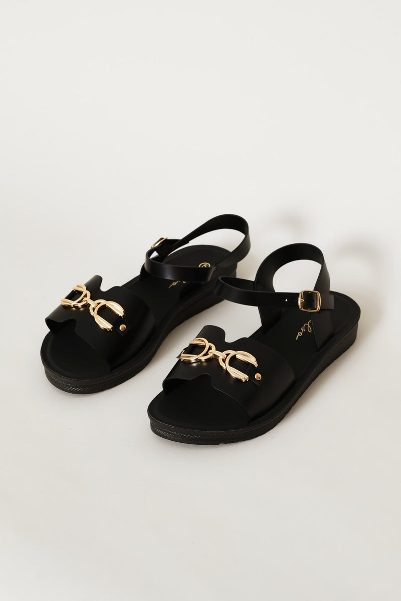 Ankle Strap Metal Trim Comfort Sandal - Black