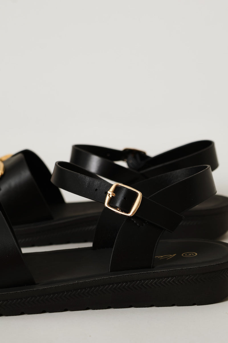 Ankle Strap Metal Trim Comfort Sandal - Black