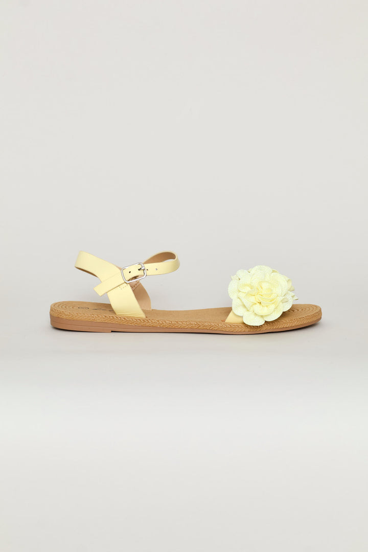 Ankle Strap Flower Mule Sandal - Light Yellow