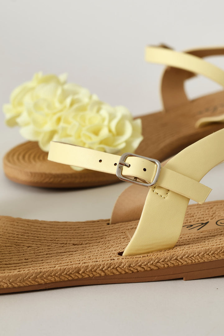 Ankle Strap Flower Mule Sandal - Light Yellow