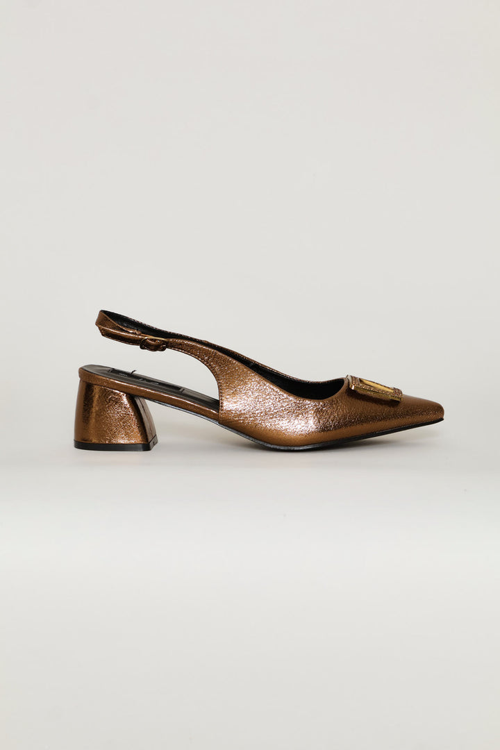 Block Heel With Diamante Trim - Bronze