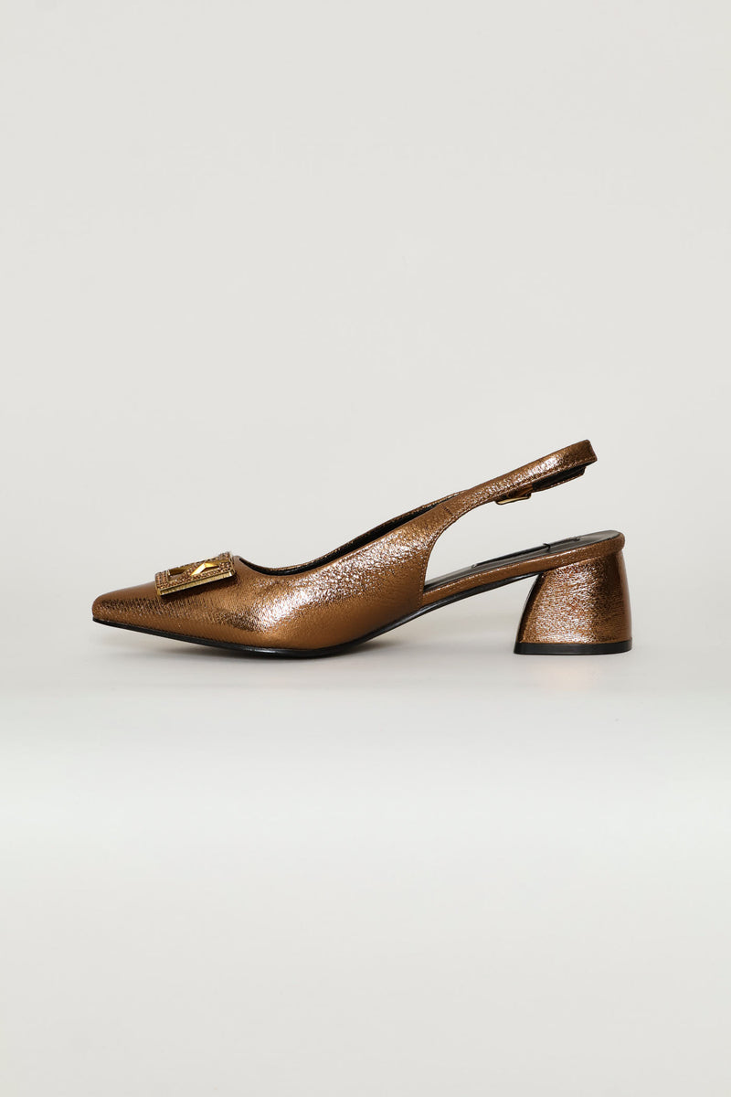 Block Heel With Diamante Trim - Bronze