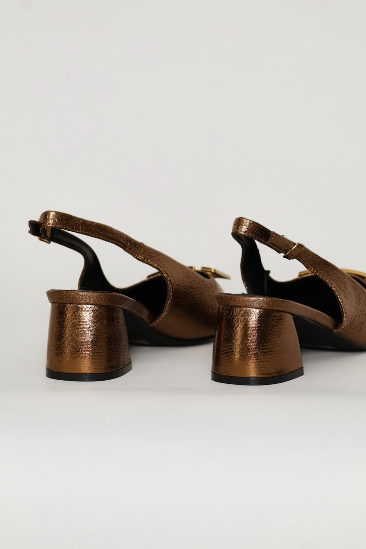 Block Heel With Diamante Trim - Bronze