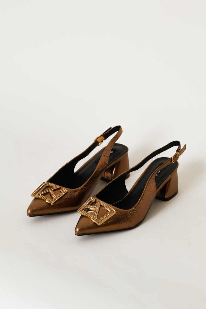 Block Heel With Diamante Trim - Bronze