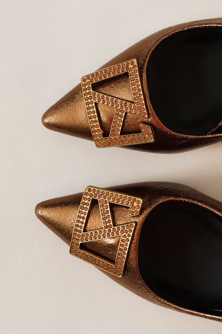 Block Heel With Diamante Trim - Bronze