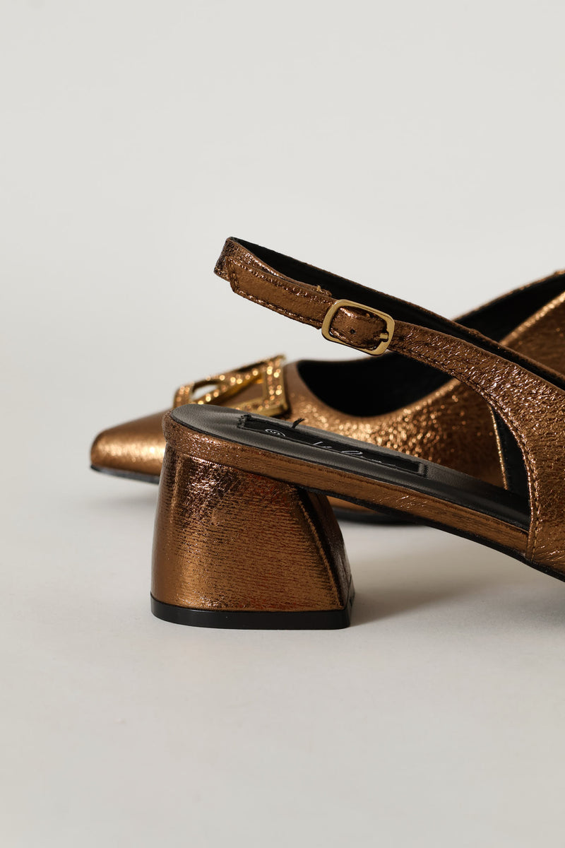 Block Heel With Diamante Trim - Bronze