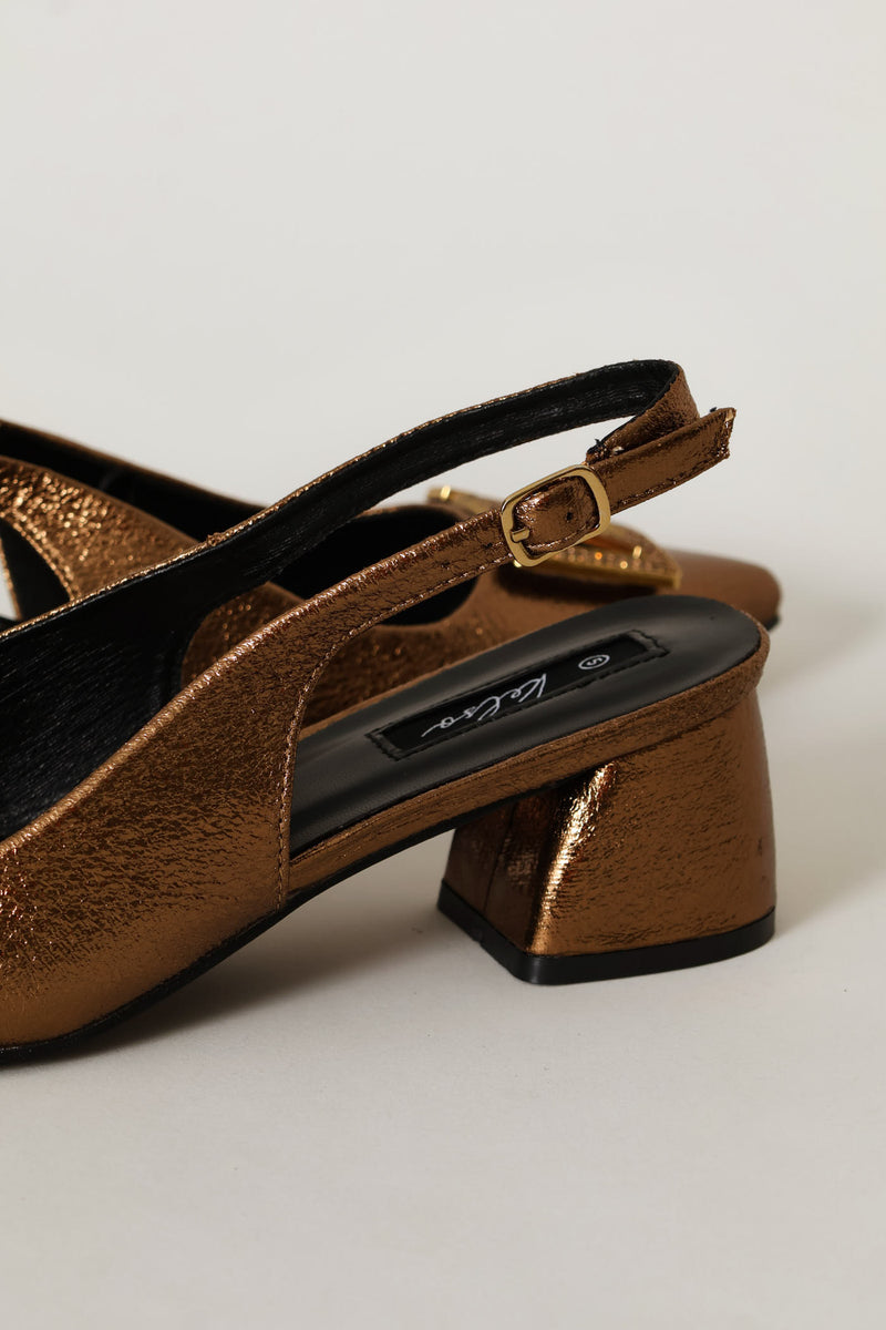 Block Heel With Diamante Trim - Bronze