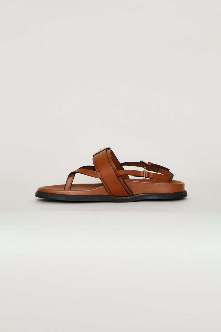 Buckle Detail Slingback Thong Sandal - Tan