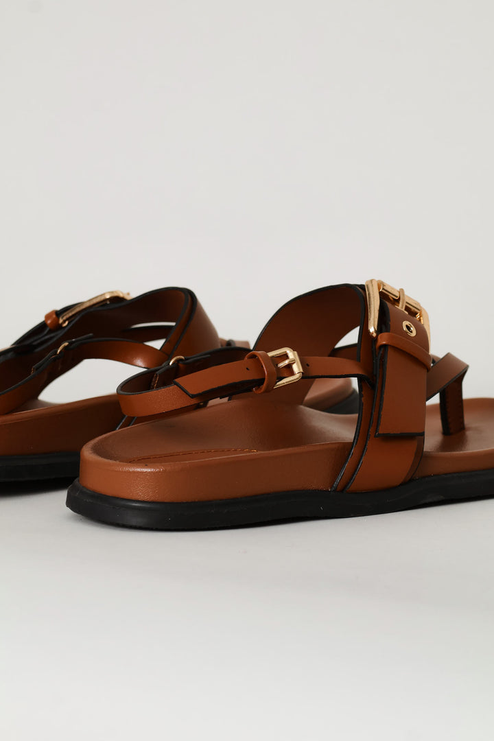 Buckle Detail Slingback Thong Sandal - Tan