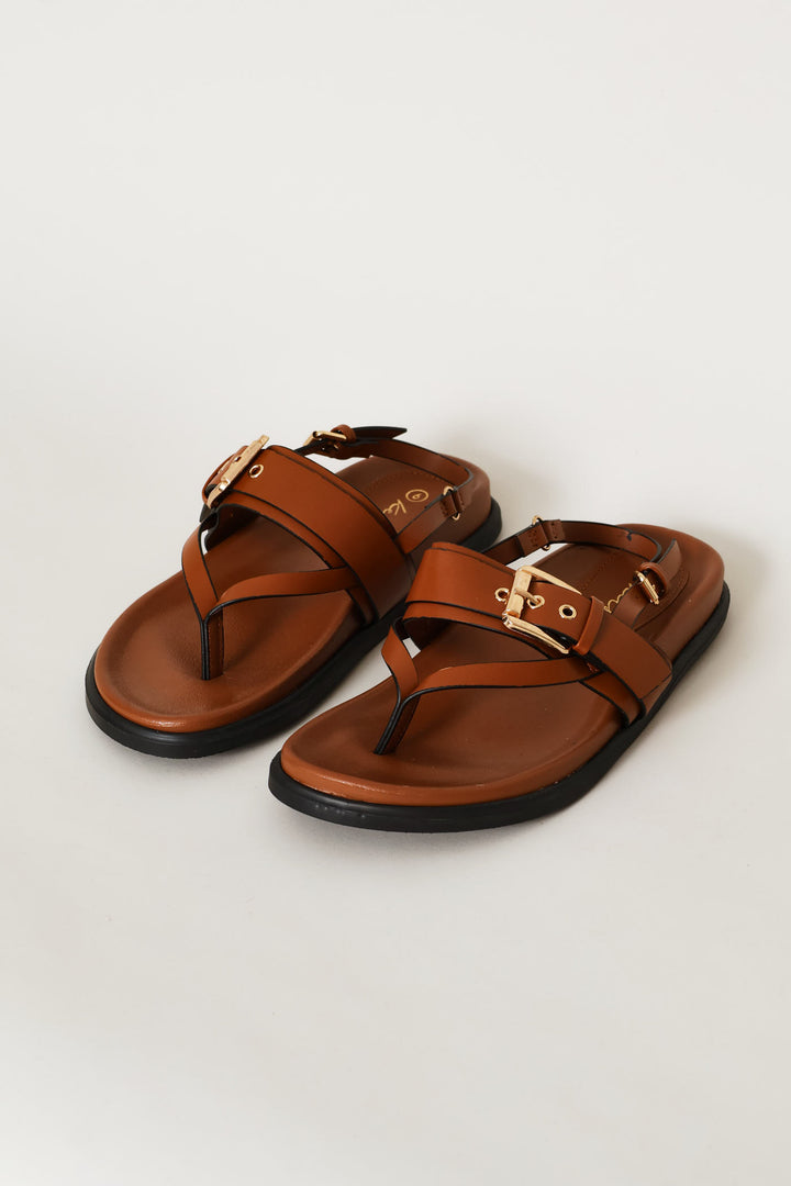 Buckle Detail Slingback Thong Sandal - Tan