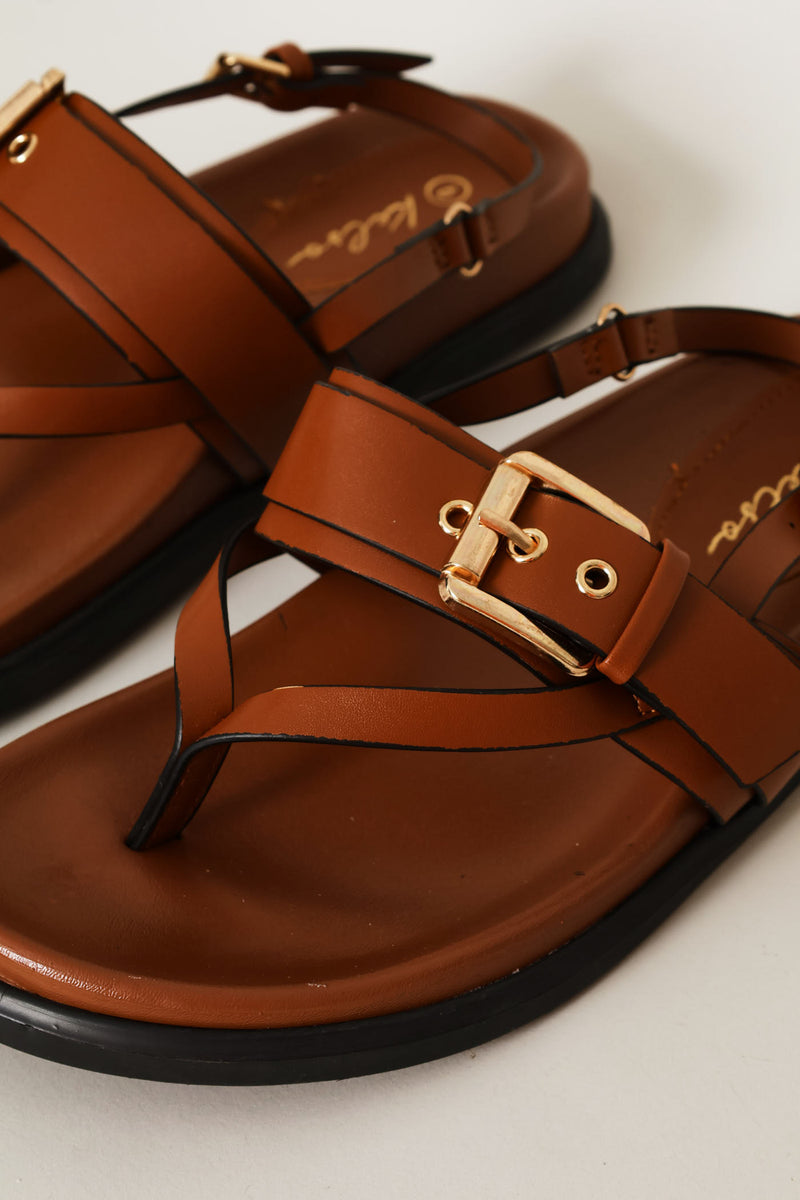 Buckle Detail Slingback Thong Sandal - Tan