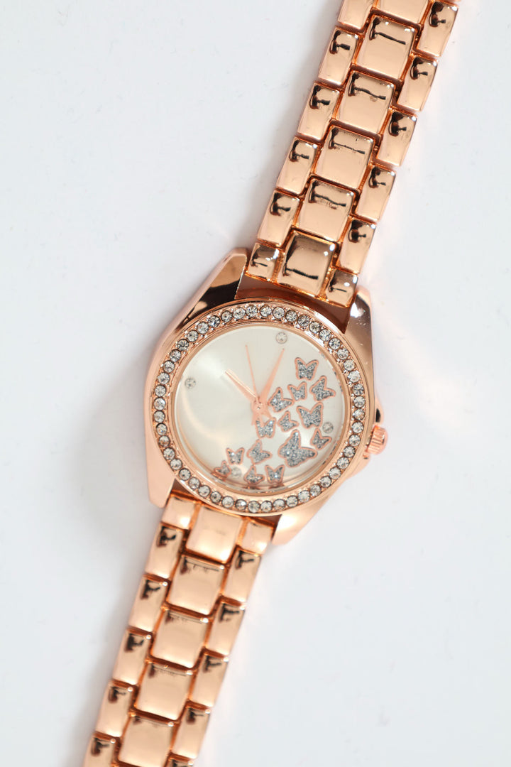 Diamante Butterfly Detail Watch With Metal Strap - Rose Gold