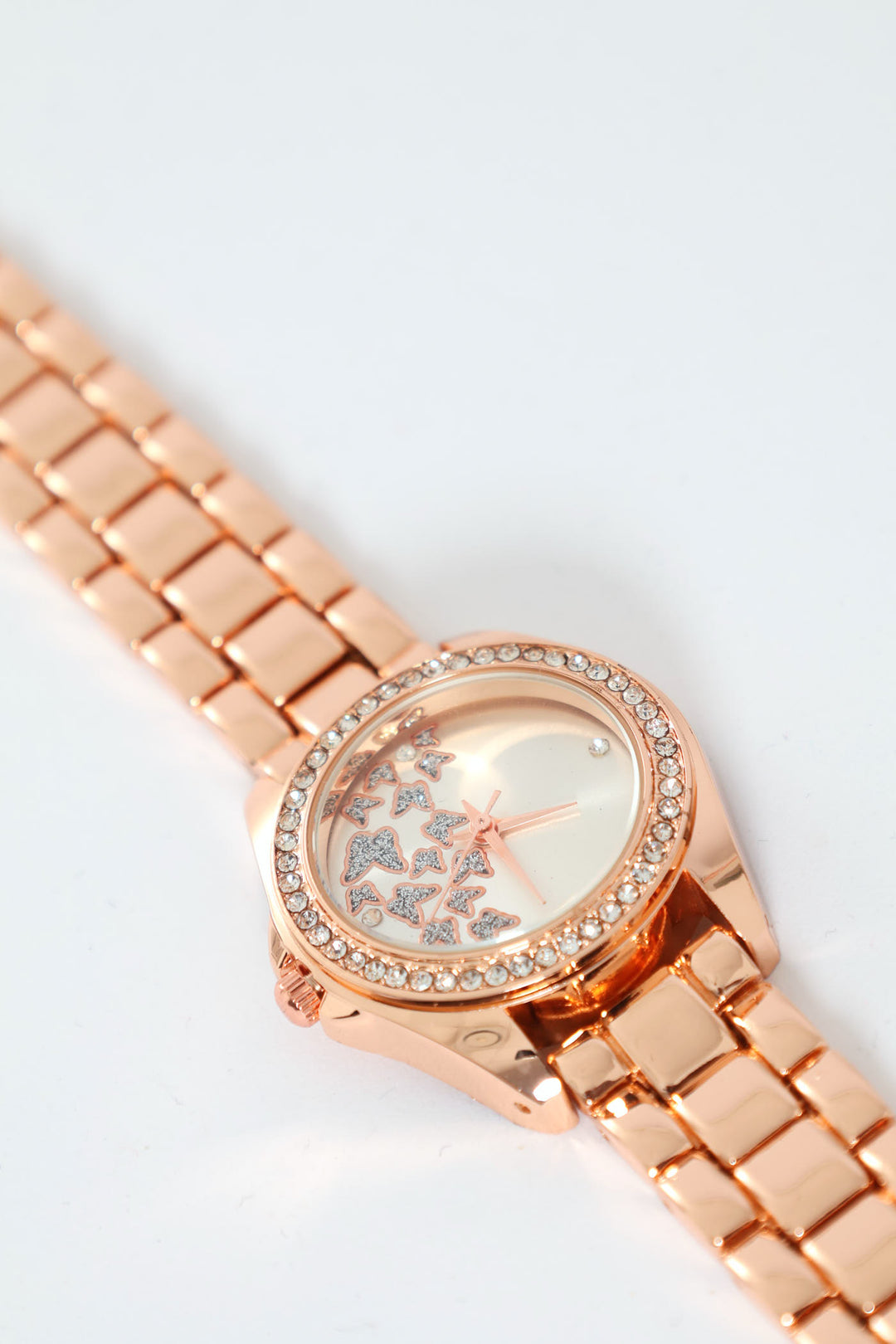 Diamante Butterfly Detail Watch With Metal Strap - Rose Gold