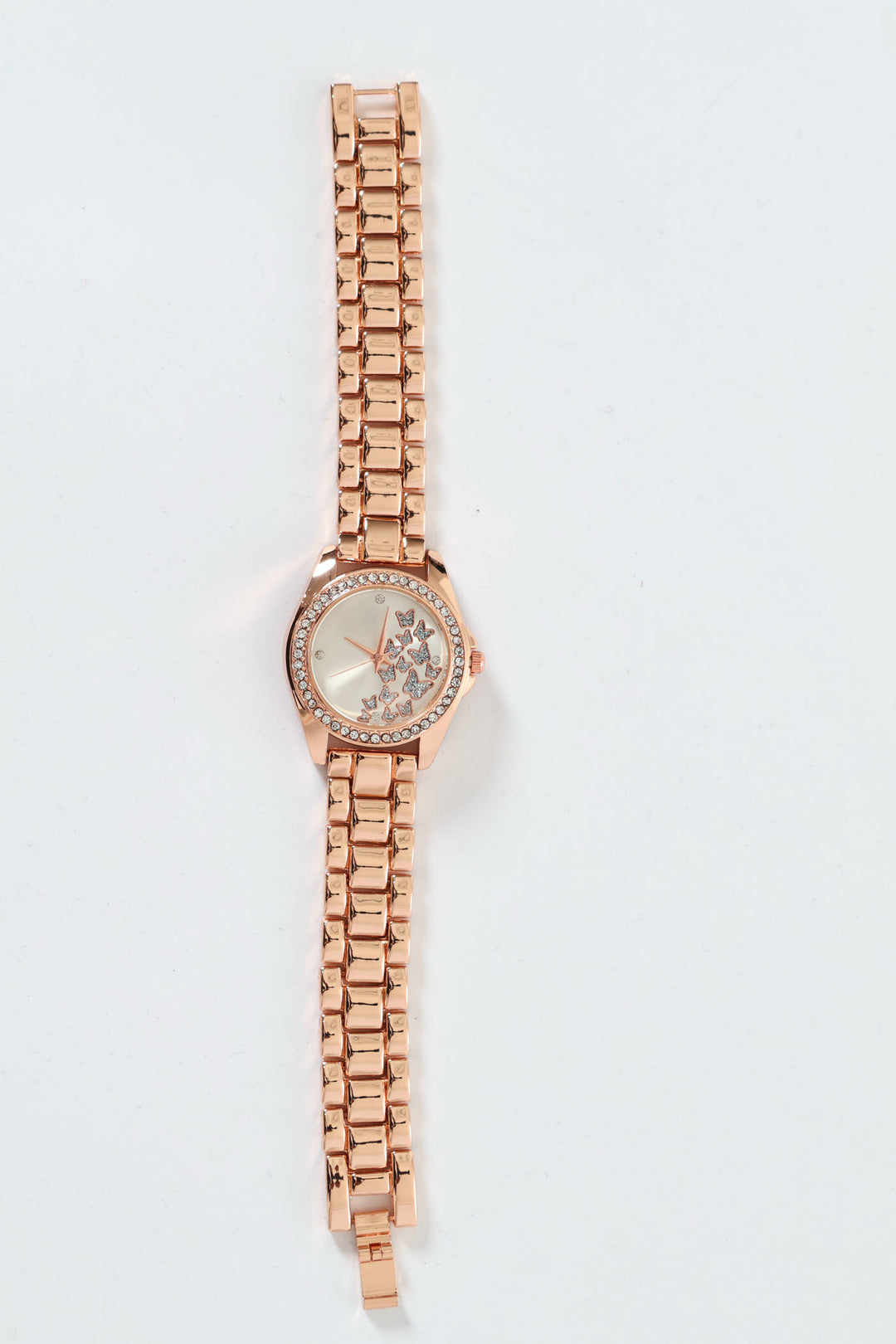 Diamante Butterfly Detail Watch With Metal Strap - Rose Gold