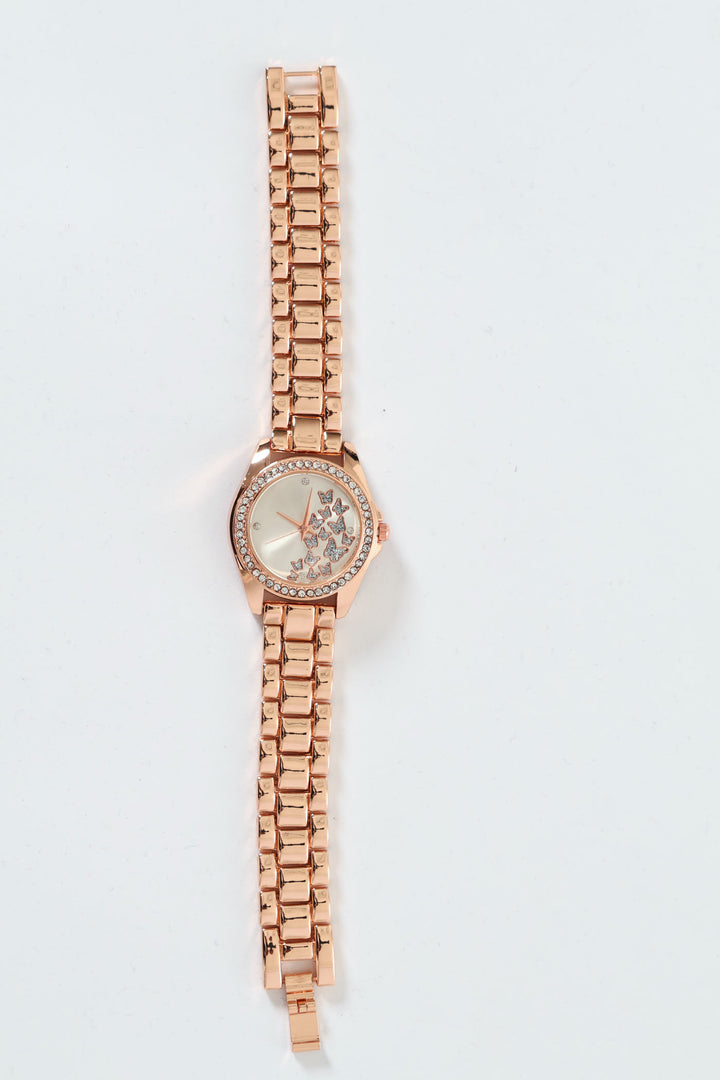 Diamante Butterfly Detail Watch With Metal Strap - Rose Gold