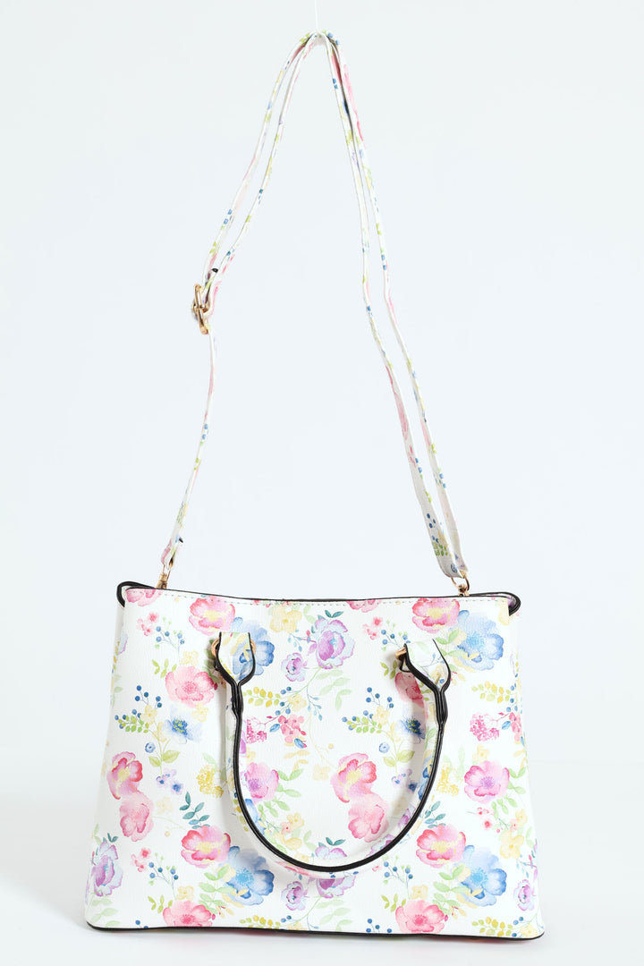 Floral Gold Trim Tote Bag - White